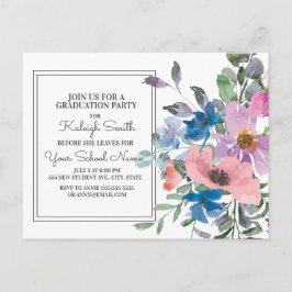 Postal Graduación Floral Acuarela Azul Púrpura Rosa