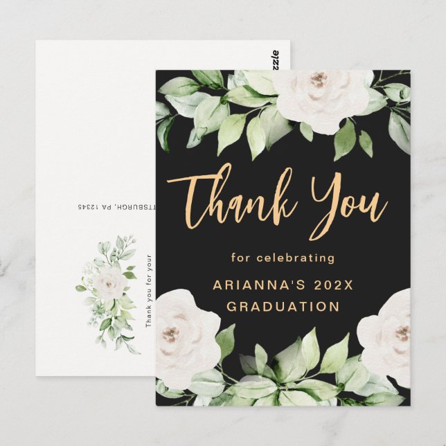 Postal Graduación Floral Gracias Script Black (Anverso / Reverso)