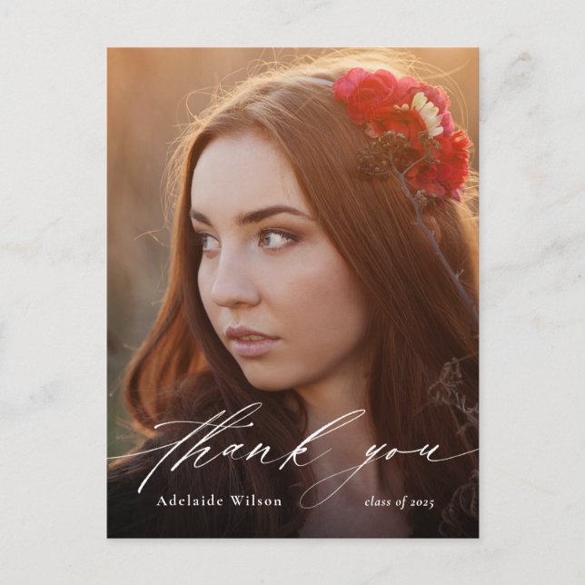 Postal Graduación fotográfica de caligrafía blanca Gracia (Anverso)