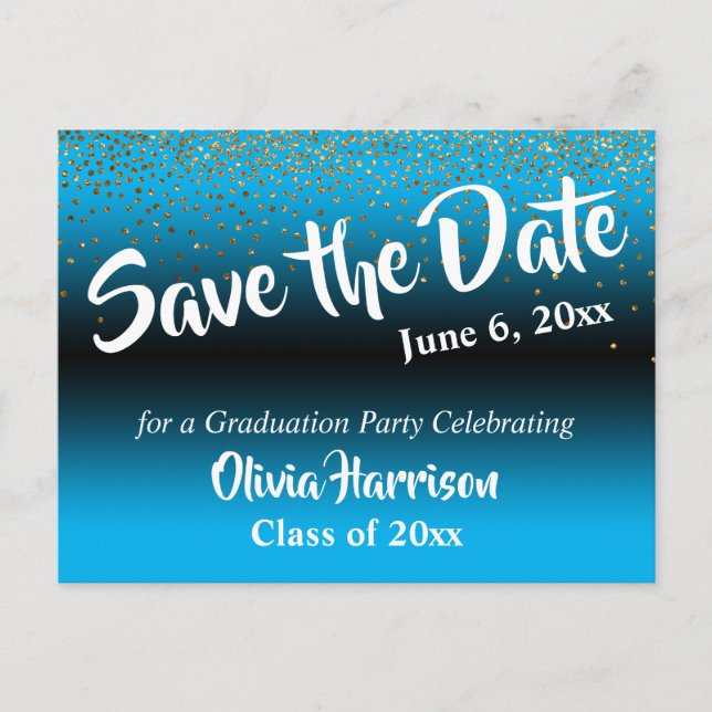Postal Graduación Gold Confetti Sky Blue Save the Date (Anverso)