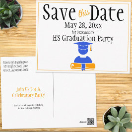 Postal Graduación Guardar La Fecha Naranja Azul Minimalis