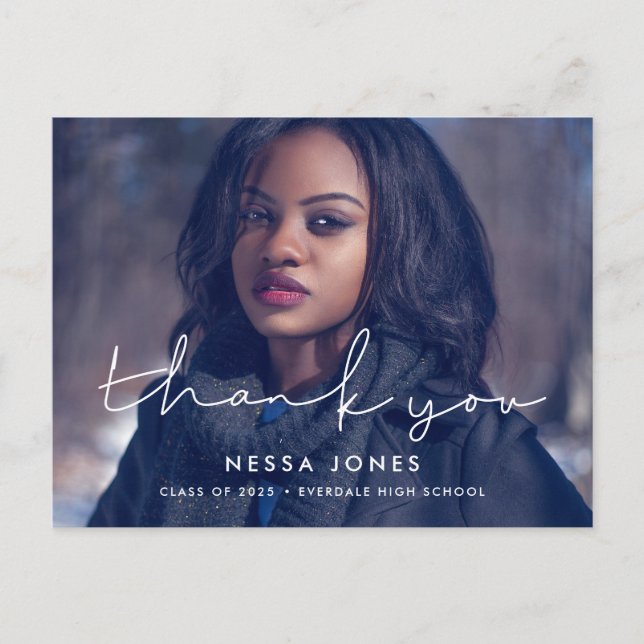 Postal Graduación minimalista manuscrita Gracias foto (Anverso)