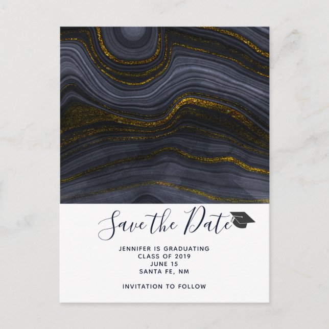 Postal Graduación moderna de Black & Gold Agate Ahorra la (Anverso)