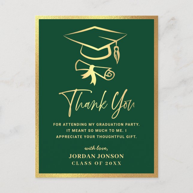 Postal Graduación Moderna Gold Green Gracias (Anverso)