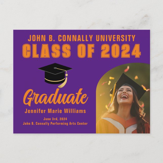 Postal Graduación Naranja púrpura Foto de graduación 2024 (Anverso)