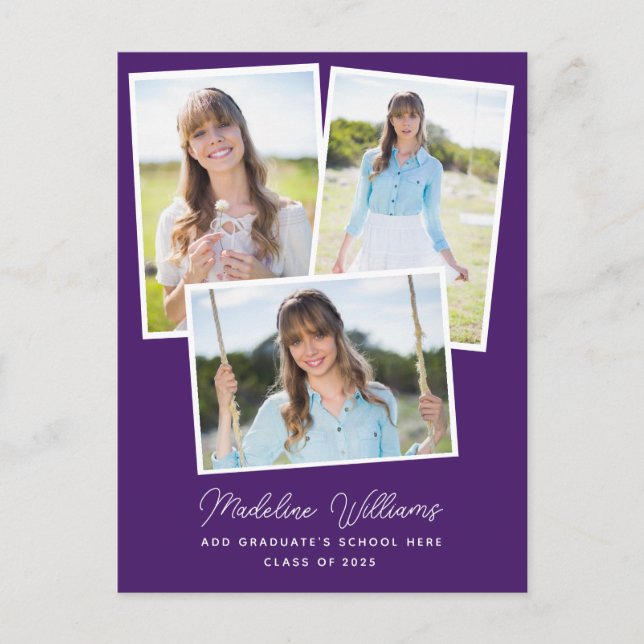 Postal Graduación Purple Modern Script Multi Photo Gradua (Anverso)