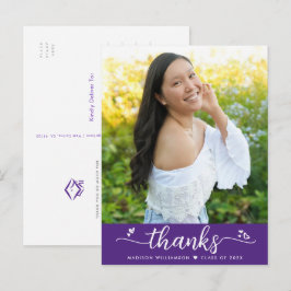 Postal Graduación Púrpura Foto Script Hearts Gracias