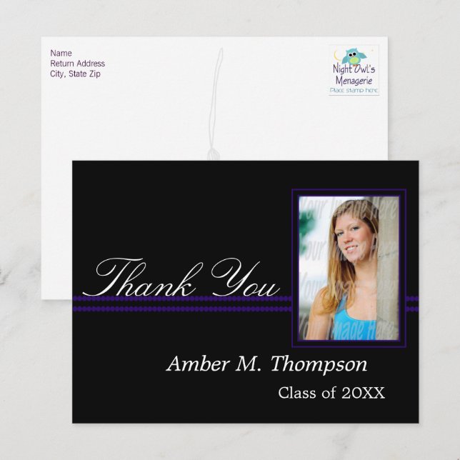 Postal Graduación púrpura y negra Gracias Postcard (Anverso / Reverso)