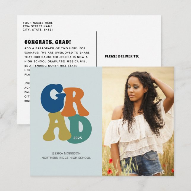 Postal Graduación Retro Azul Años 70 Groovy Graduado 2023 (Anverso / Reverso)