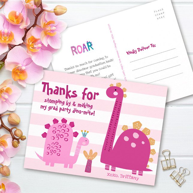 Postal Graduación Rosa Niña Dinosaurios Kawaii Gracias (Subido por el creador)
