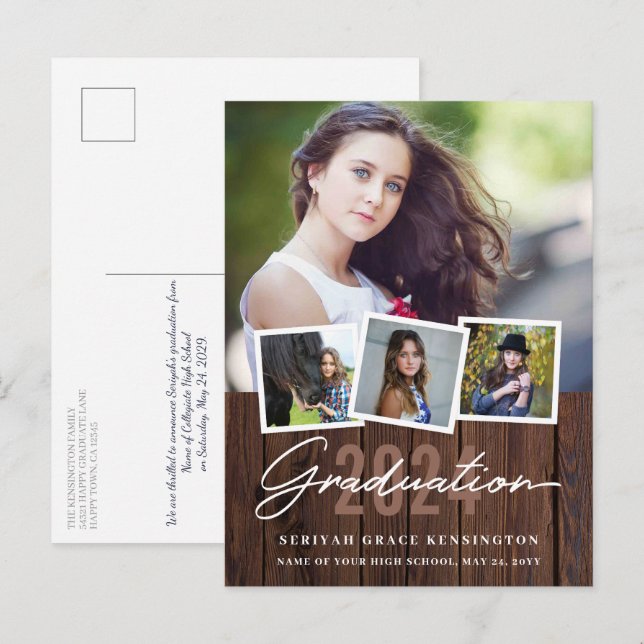 Postal Graduación Rustic Wood Every Year 4 Photo (Anverso / Reverso)