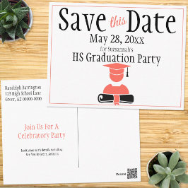 Postal Graduación Salvar La Fecha Minimalista Coral Negro