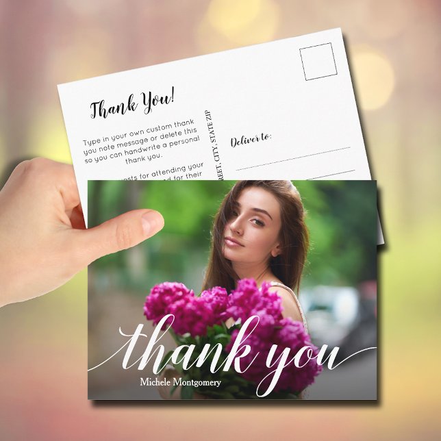 Postal Graduación simple de fotos Guión blanco Gracias (Simple photo graduation thank you Postcards)