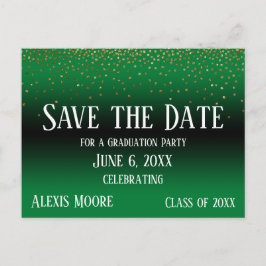 Postal Graduación verde de Confetti de oro salva la fecha