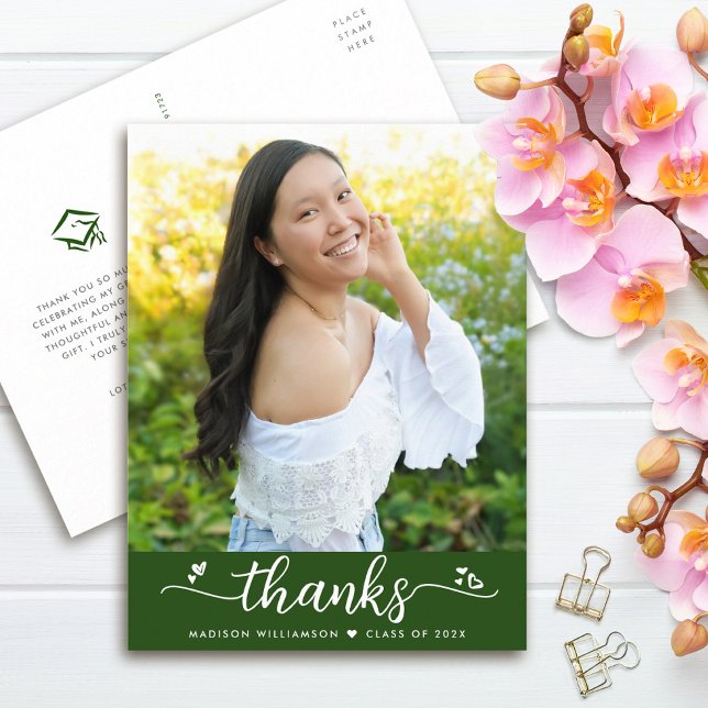 Postal Graduación Verde Foto Script Hearts Gracias (Subido por el creador)