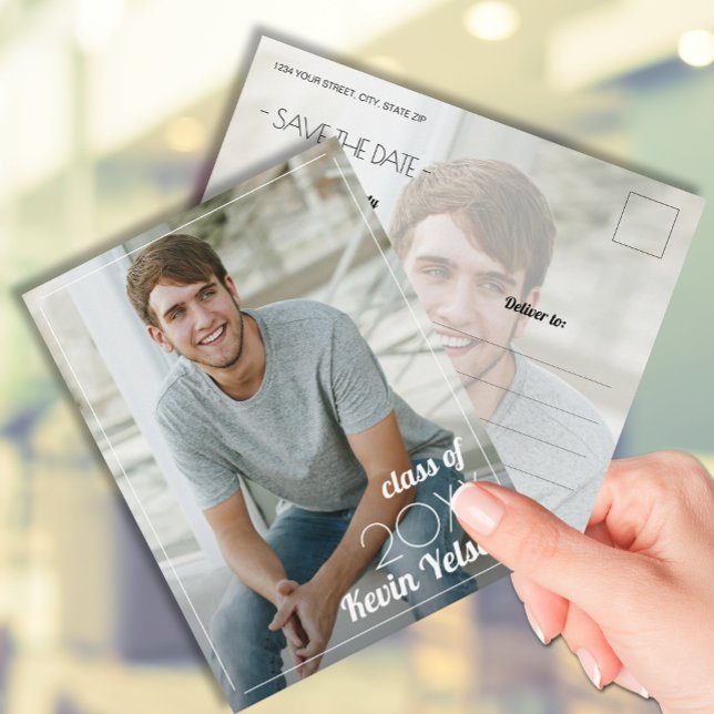 Postal Graduación vertical de fotos Guardar la fecha (Photo graduation Save the Date postcards feature your details on the back)