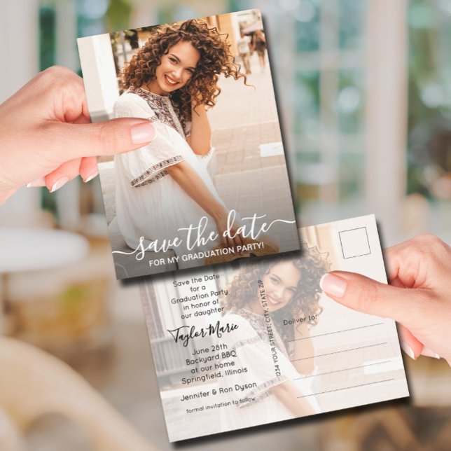 Postal Graduación vertical de fotos Guardar la fecha (Photo graduation Save the Date postcards feature your details on the back)