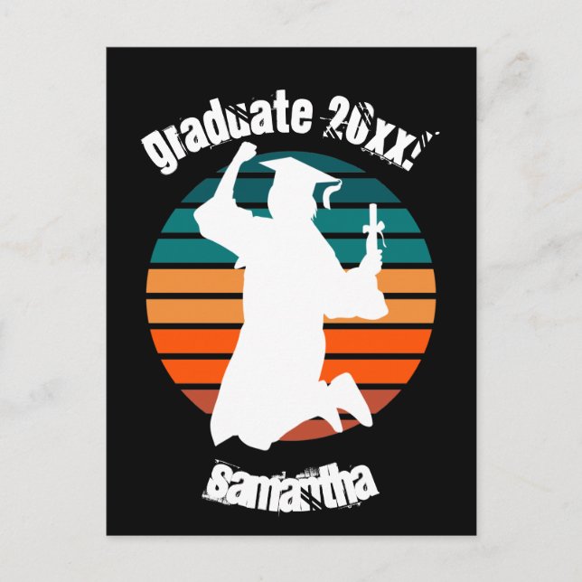 Postal Graduado de Graduación Retro Saltando por Alegría  (Anverso)