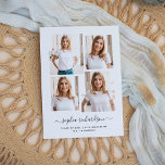 Postal Graduado | Diseño moderno de cuatro Collages de fo<br><div class="desc">Esta sencilla pero ultramoderna invitación de graduación cuenta con cuatro de tus fotos personales favoritas en una única cuadrícula de fotos con una apariencia de capas. El diseño de la tarjeta en blanco y negro incluye el nombre del grad en una tipografía de escritura manuscrita elegante y moderna, y tiene...</div>