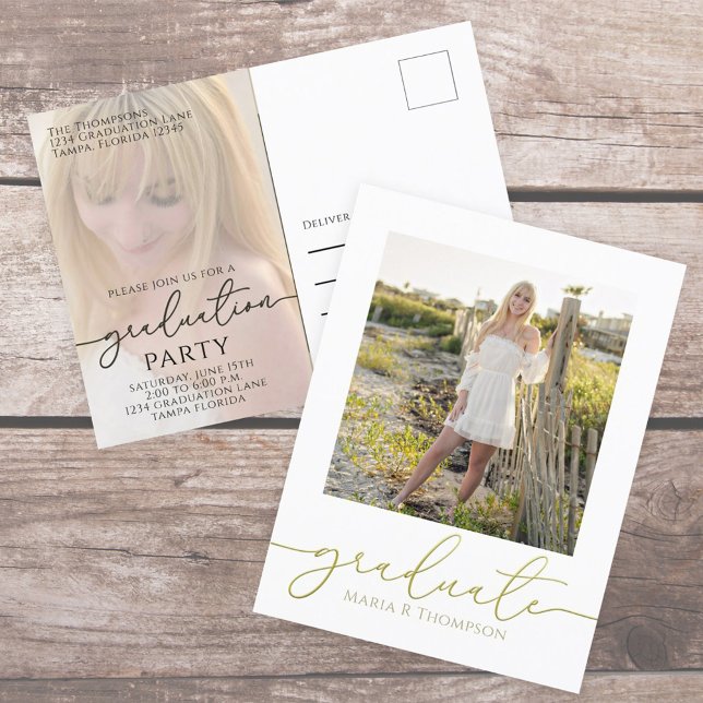 Postal Graduado Moderno Sencillo Elegante Oro Dos Foto (Elegant Graduation photo invitation postcard with a 2-photo template. )