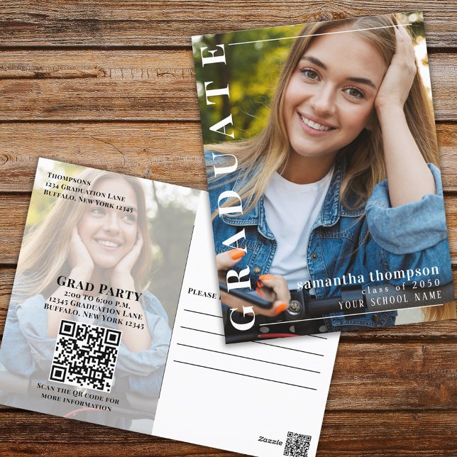 Postal Graduate Modern Minimalist Two Photo | QR Code (Graduation photo invitation postcard template with a two-photo template. )