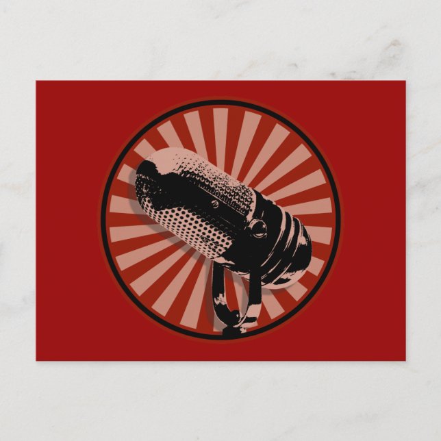 Postal Gráfica de micrófono retro en rojo (Anverso)