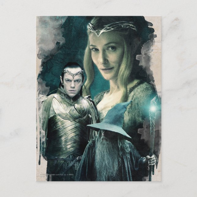 Postal Gráfica Galadriel, ELROND™ y Gandalf (Anverso)