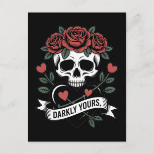 Postal Gráfico Darkly Yours: Calavera Gótica con Rosas Ro