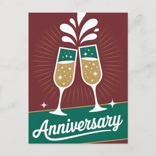 Postal Gráfico de aniversario retro con champán chispeant (Anverso)