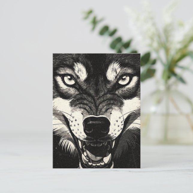 Postal Gráficos de lobo gruñón BW estilo 50  (Anverso de pie)