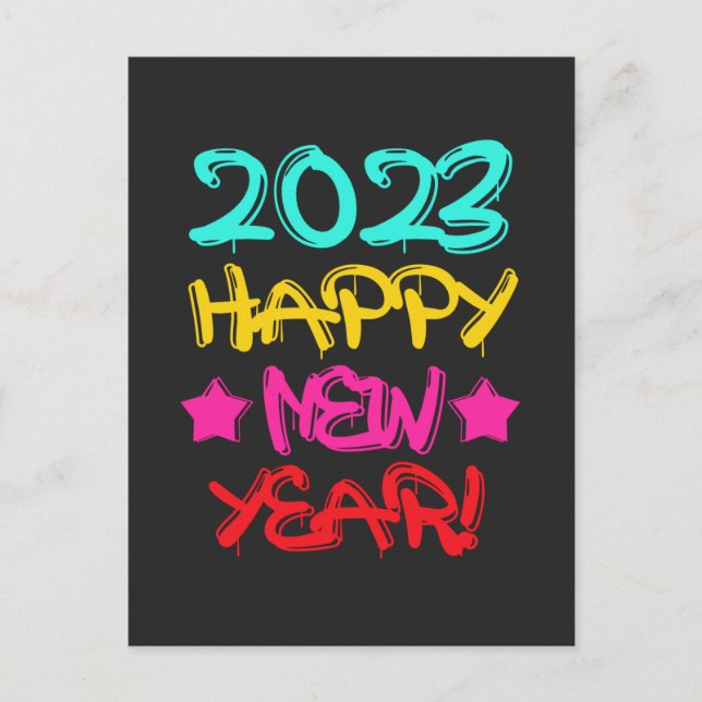 Postal Grafiti colorido feliz año nuevo 2023 en retro (Anverso)