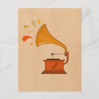 Postal gramófono vintage con espashes musicales