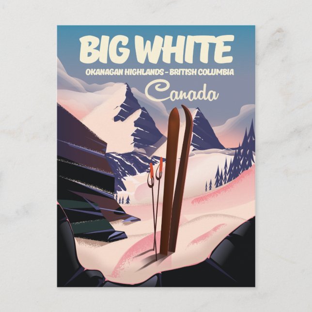 Postal Gran Blanco Columbia Británica Canadá esquí. (Anverso)
