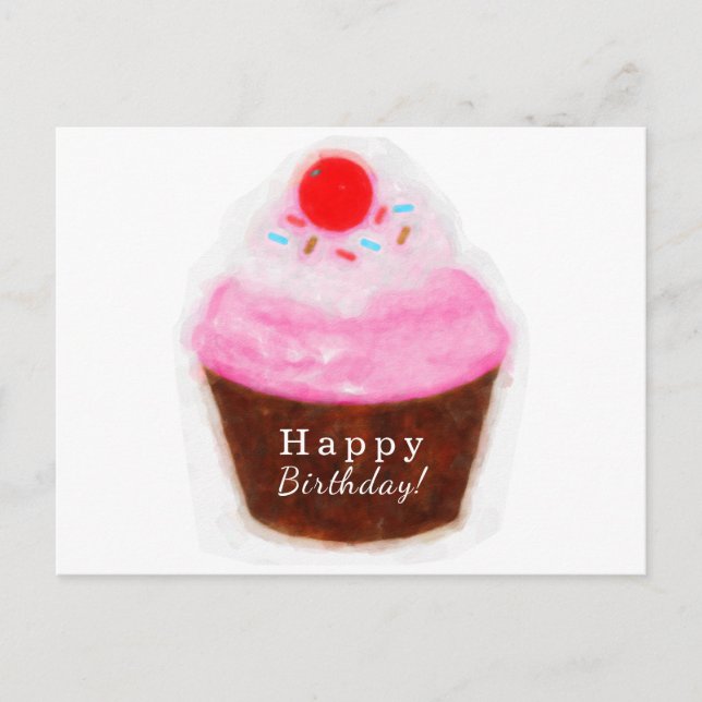 Postal Gran Cupcake y Cereza Aquarela Feliz Cumpleaños (Anverso)