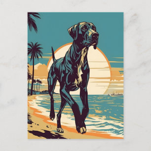 Postal Gran danés en una playa tropical al atardecer