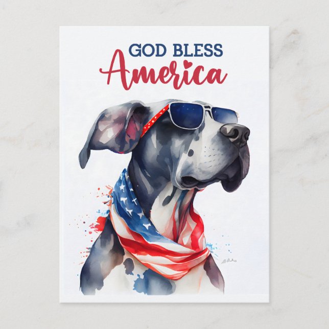 Postal Gran Danés patriota, Dios bendiga a América (Anverso)