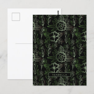 Postal Gran floración floral patrón verde nombre personal