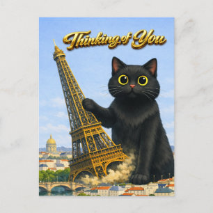 Postal Gran Gato Negro Derriba la Torre Eiffel Pensando e