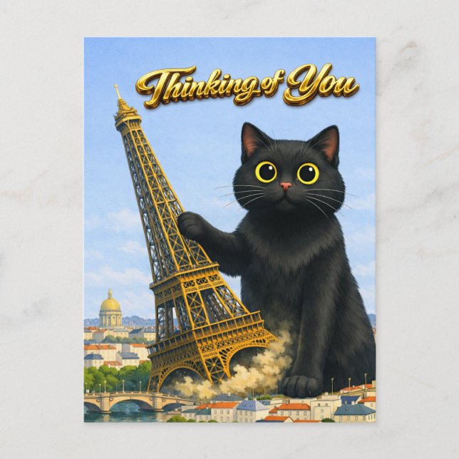 Postal Gran Gato Negro Derriba la Torre Eiffel Pensando e (Anverso)