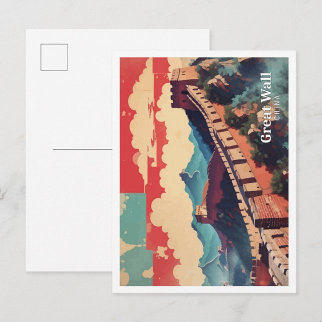 Postal Gran Muralla China arte pop Ilustracion de viajes (Anverso / Reverso)