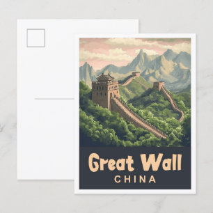 Postal Gran Muralla China Ilustracion de Viajes Vintage