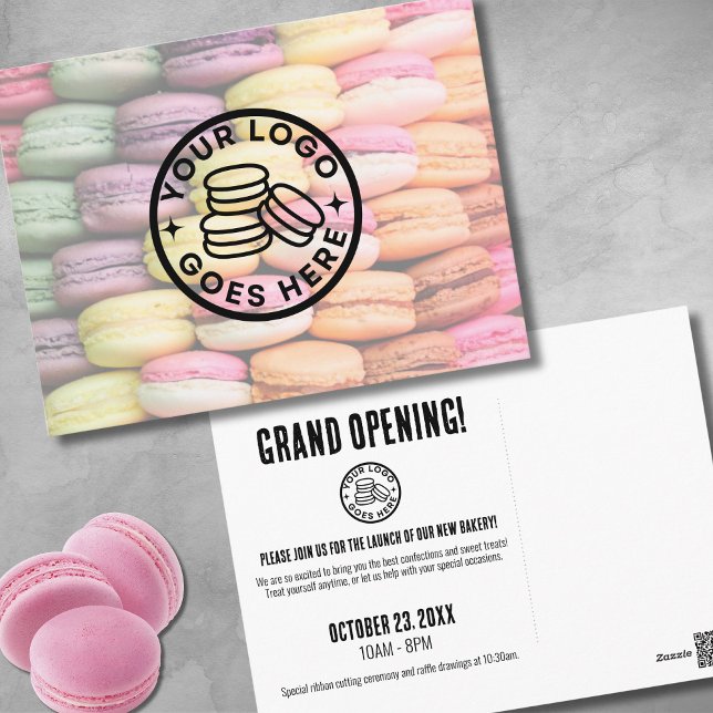 Postal Gran Panadería Cute (Cute Colorful Macaron Cookie Grand Opening Bakery Postcard)
