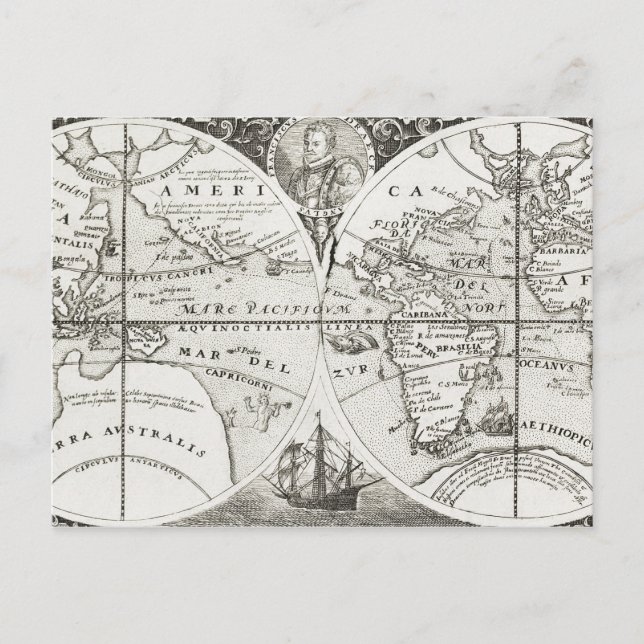 Postal Gran Viaje Antiguo Mapa General del Mundo (Anverso)