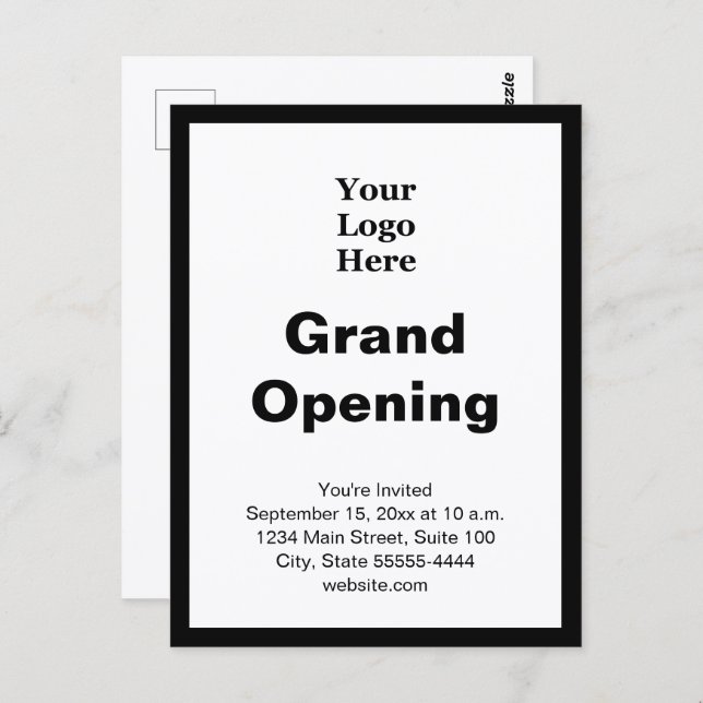 Postal Grand Opening Business Logo Black White Invitation (Anverso / Reverso)