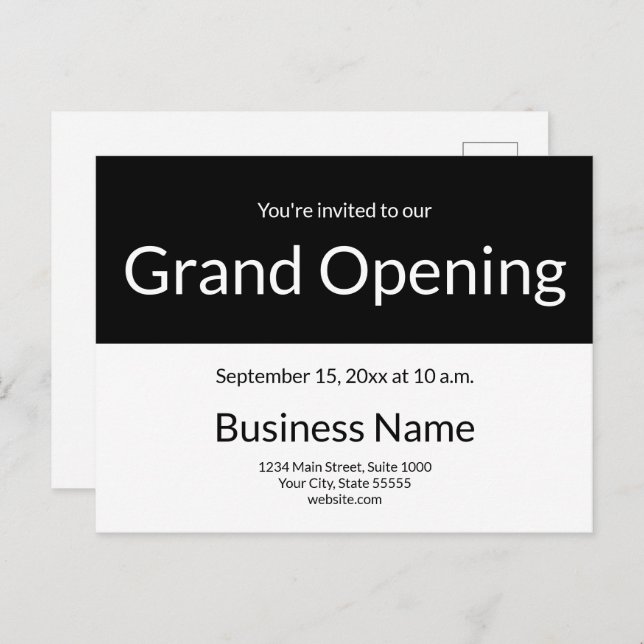 Postal Grand Opening Invitation Business Black and White (Anverso / Reverso)