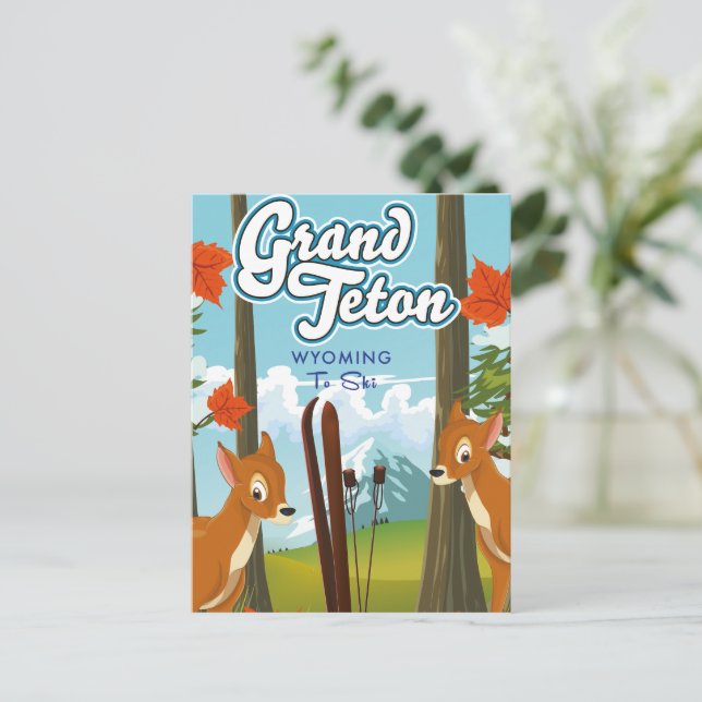 Postal Grand Teton Wyoming esquiar. (Anverso de pie)