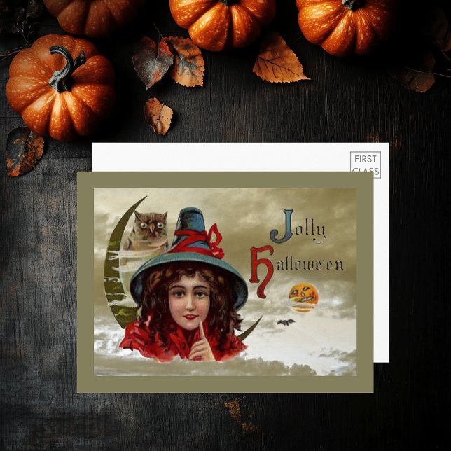 Postal grande de bruja y búho de Halloween (Vintage Jolly Halloween Witch & Owl Large Postcard)