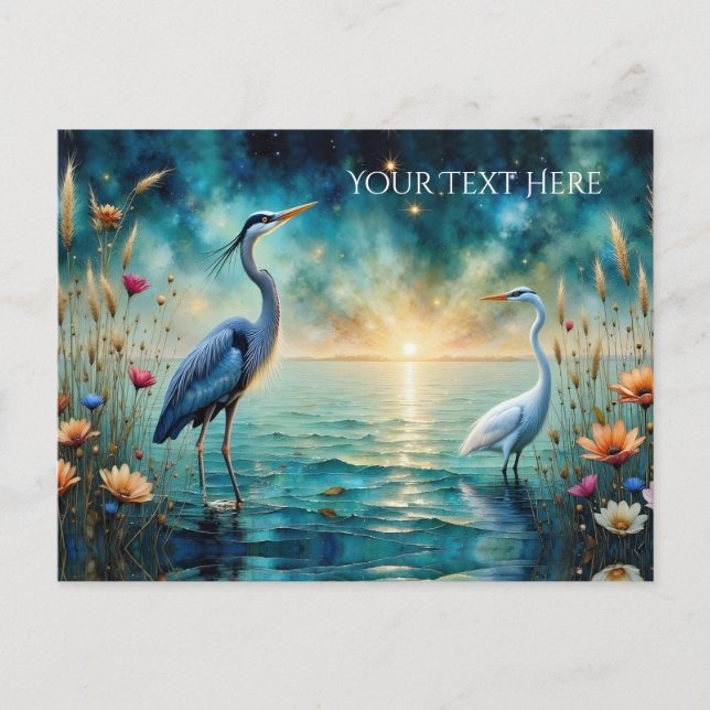 Postal Grandiosas flores azules de Heron y Egret (Anverso)