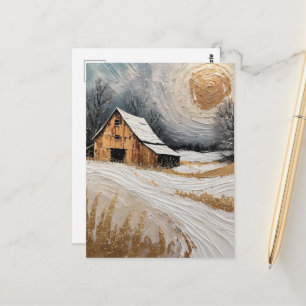 Postal granero de invierno con detalles dorados