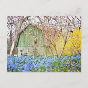 Postal Granero de otoño con campo de flores azules